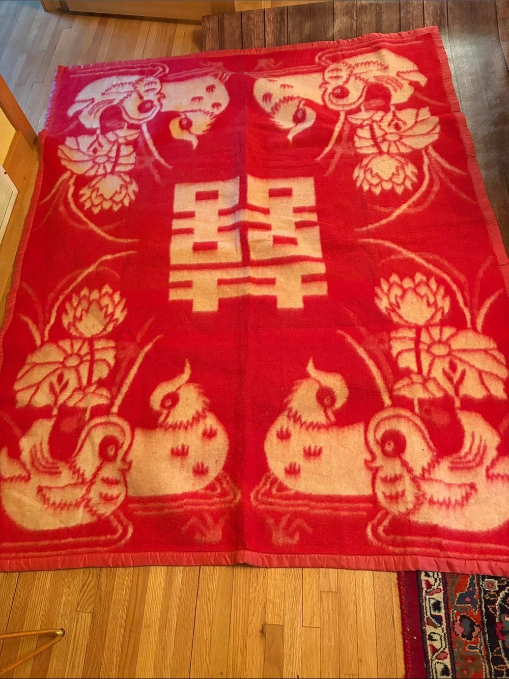 Vintage 2 Sided Chinese Wool Wedding Blanket with Lotus and Mandarin Ducks